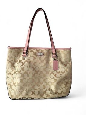 Coach Signature 12cm Canvas Zip Top Tote Bag Pink/Khaki EUC F36375